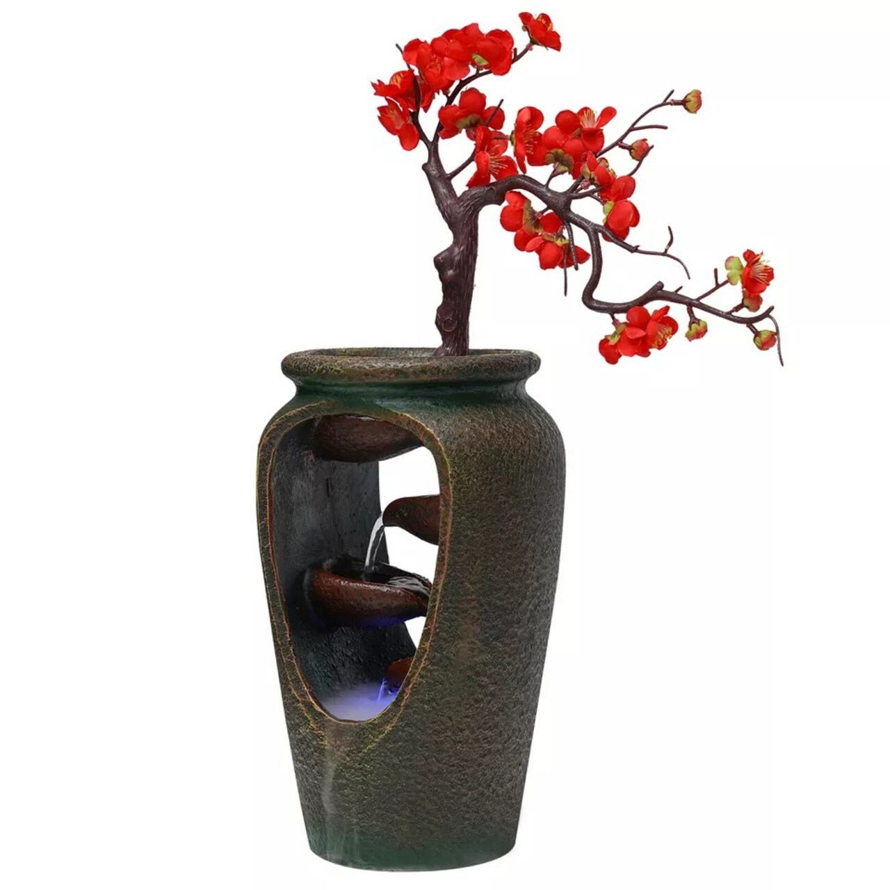 Flower Vase Waterfall Table Top LED Light Indoor Water Fountain FengShui Decor